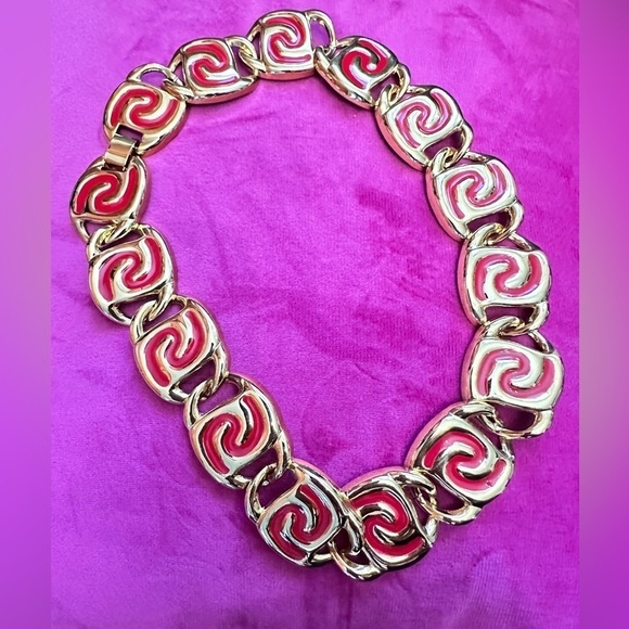 Vintage Chunky Large Statement Gold Tone Red Enamel 4125 W - Picture 1 of 8